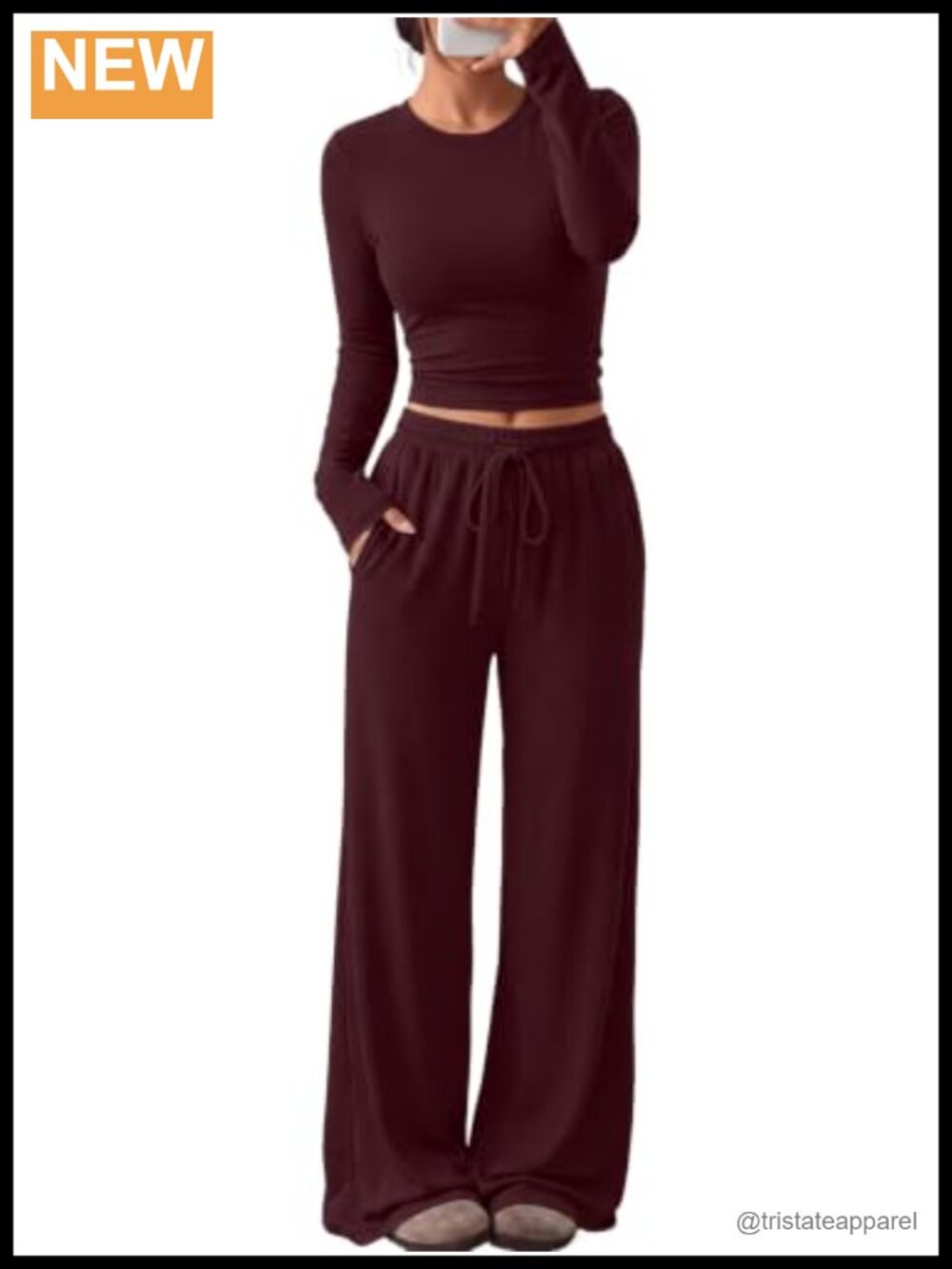 Women's 2 Piece Lounge Set Long Sleeve Ruched Top Wide Leg Pants with Pockets